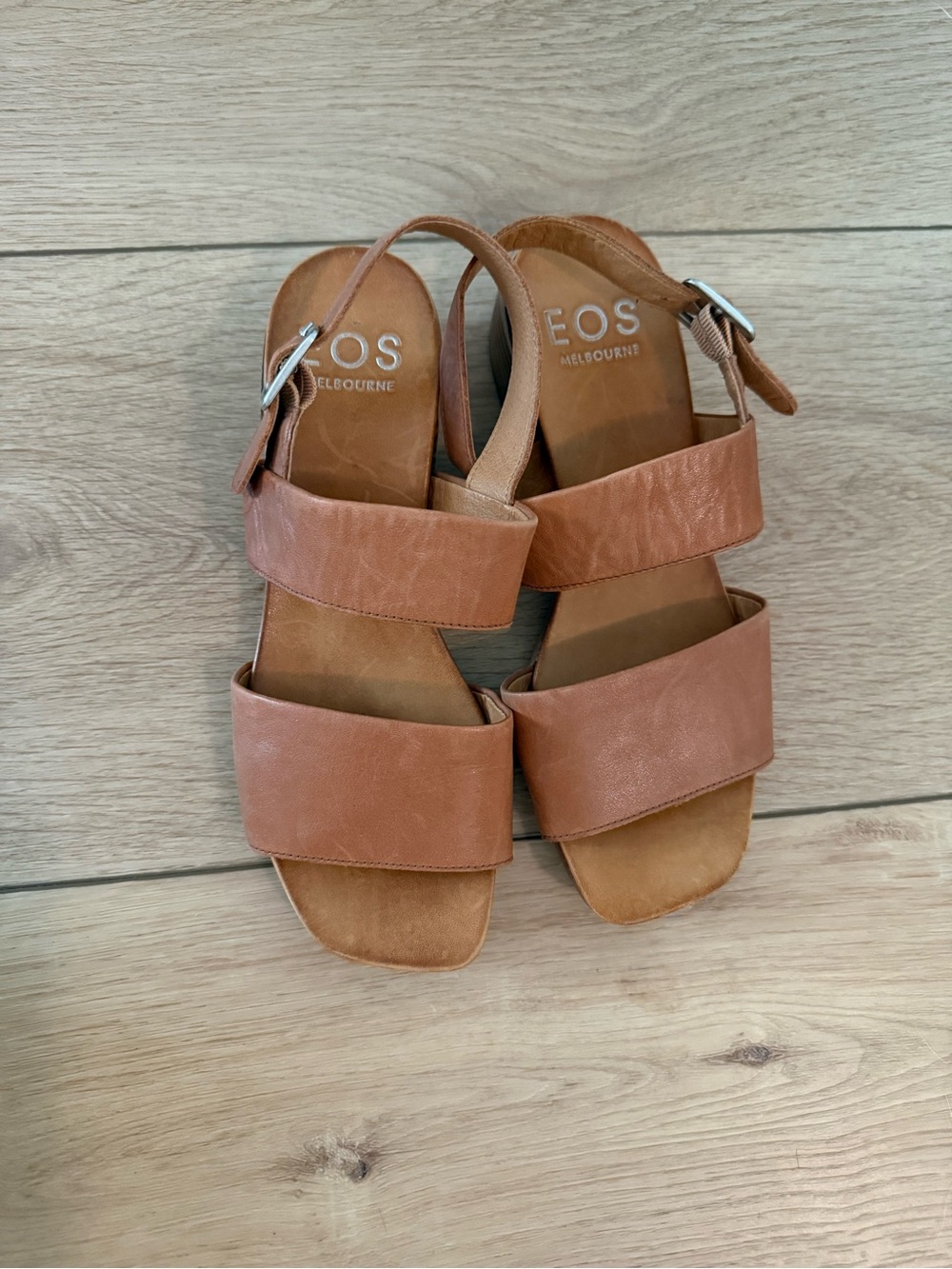 eos Leather Double-Strap Sandals in Warm Tan